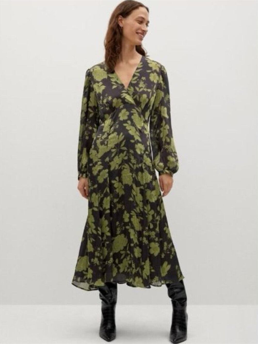 Mango Black Olive Green Floral Maxi Dress Long Sleeve Wrap Style Size Medium 6